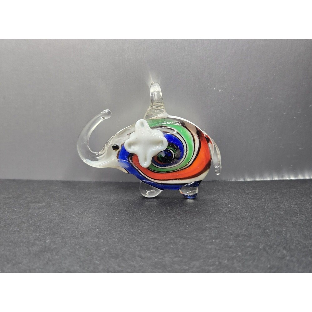 Glass Figurine Pendant, Murano-Style Elephant with Multicolor Striped Lampwork